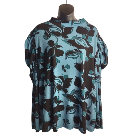 Cato Tops - Cato Top Blouse Womens Teal Blue Black Floral Mock Neck Ruched Shoulder Sz 18/20